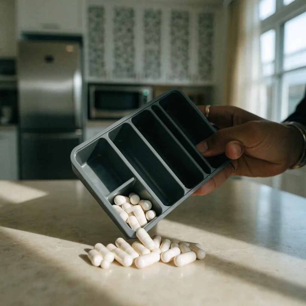 A shallow compartment tray on wool cloth with matte-white capsules in some compartments and two left open