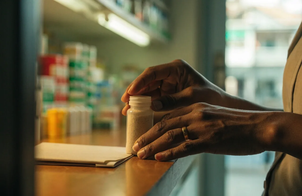 A man's hands holding a small unlabelled bottle beside a folded paper turned face down on a pale wooden table