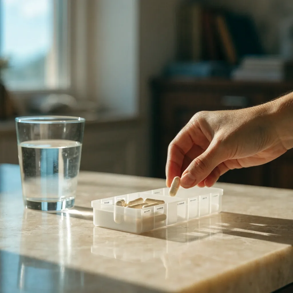 A compartment tray and a glass of water resting on a birch bench in morning window light