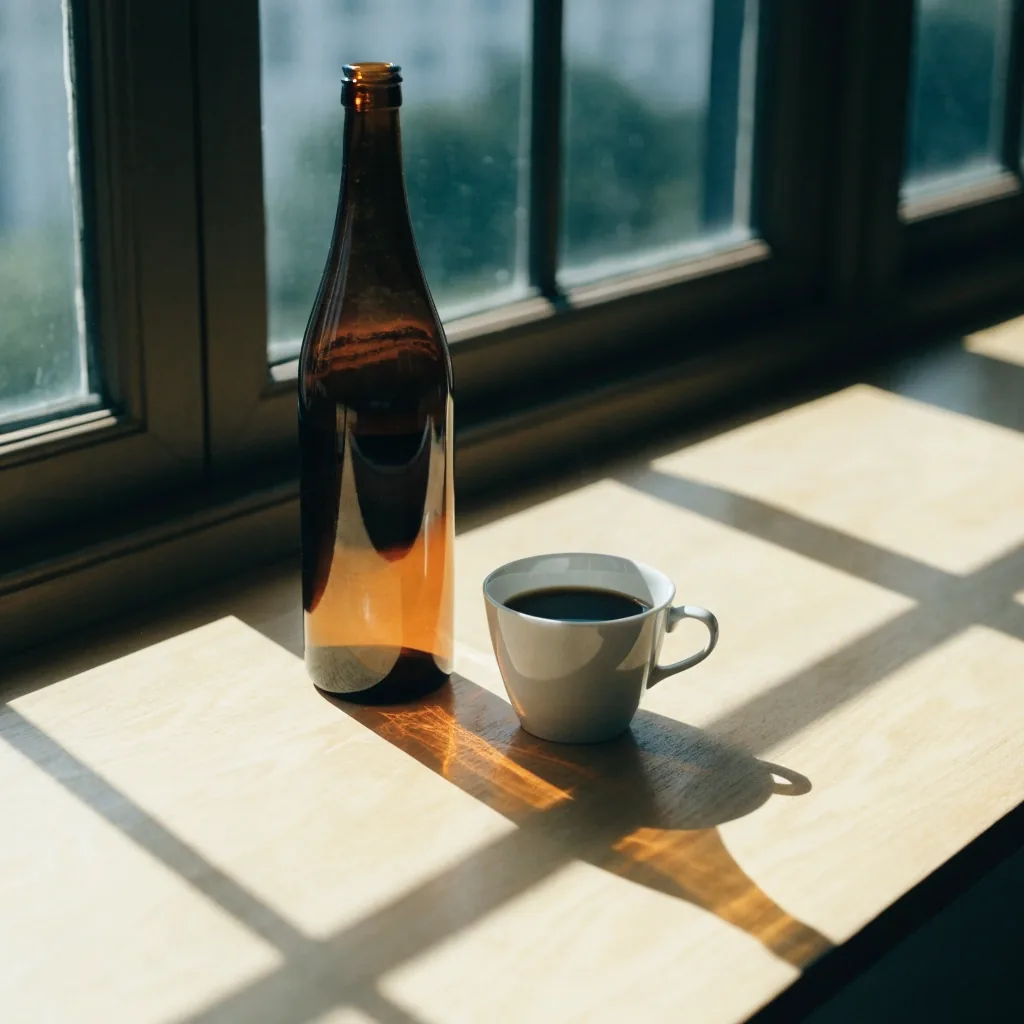Unlabelled amber bottle on a kitchen windowsill beside a cup of black coffee in raking daylight