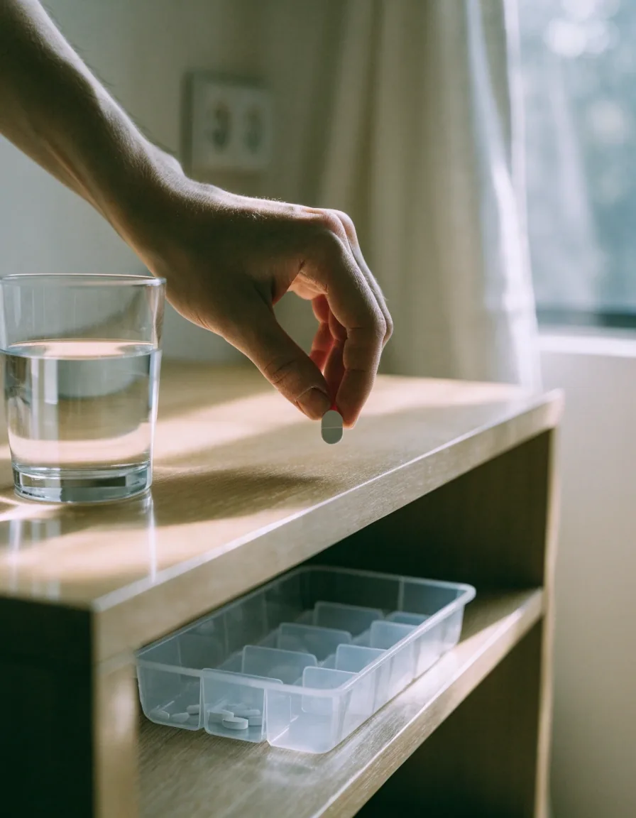 A compartment tray with capsules on a windowsill beside a glass of water in morning light