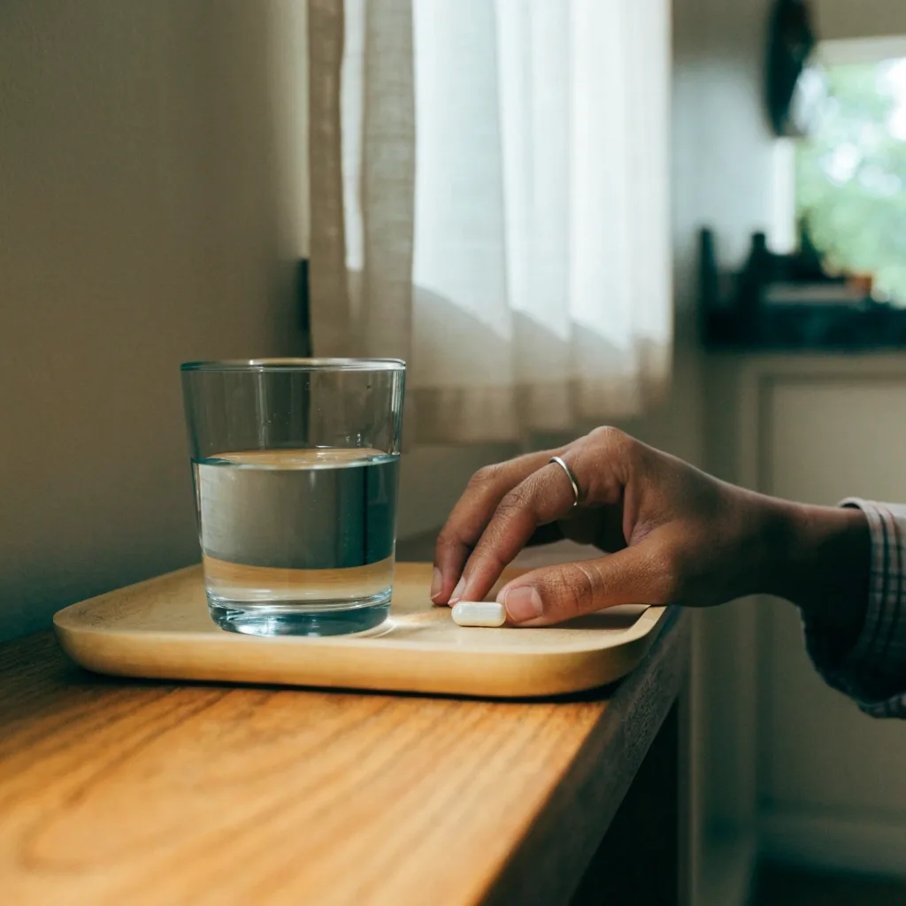 A capsule bottle and a glass of water on a birch windowsill in afternoon light