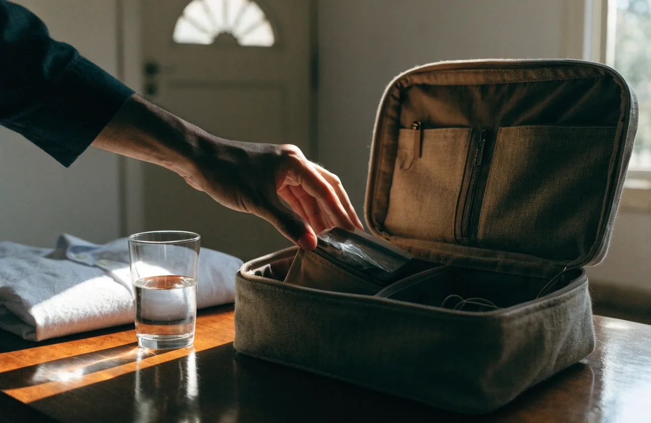 A compartment tray packed inside a travel bag on a birch bench